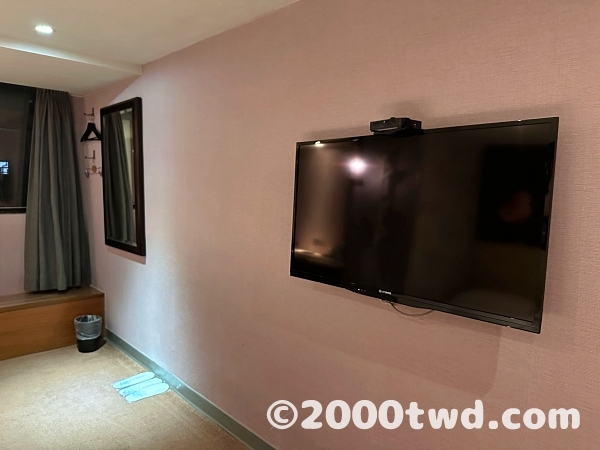 大型テレビ、使い捨てスリッパ